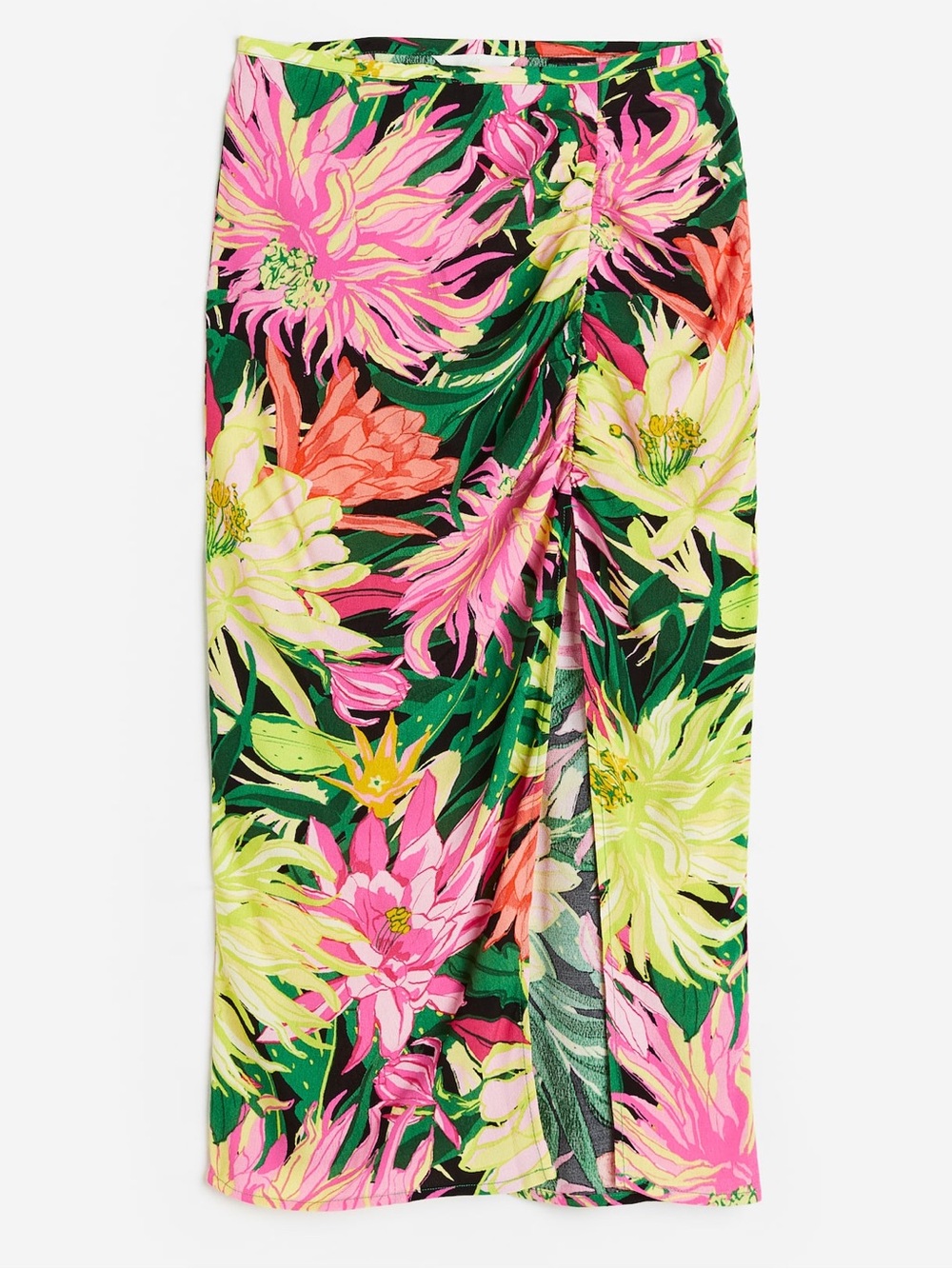 H&M tropical floral print midi skirt high front slit vibrant multicolored blooms